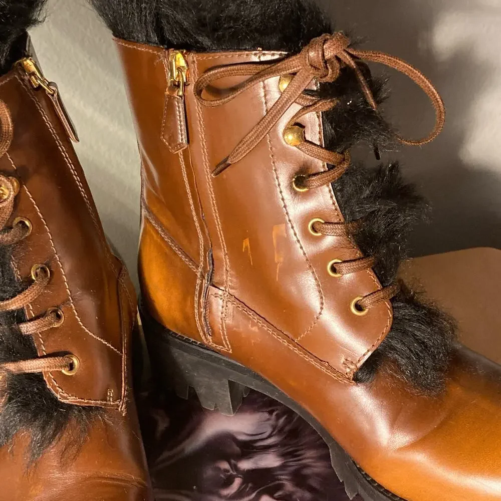 Prada Tobacco Burnished Leather Fur Combat Boot Orig $1400 Sz 38 / 7.5 8~ Mint - Picture 12 of 12